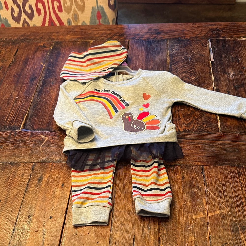 Gray Thanksgiving Outfit with Rainbow and Turkey Design